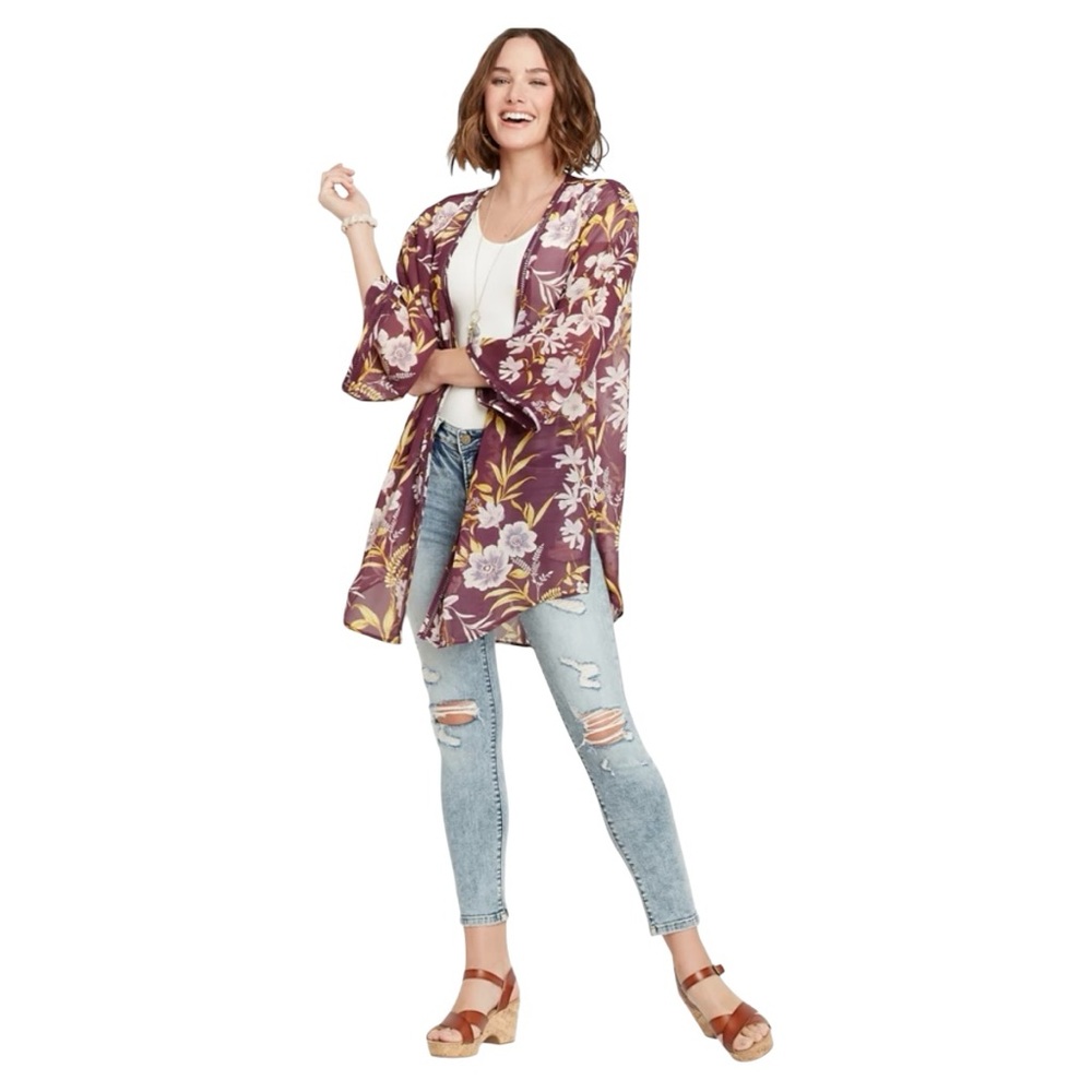 Wine Floral Crochet Trim Open Front Kimono size M/L